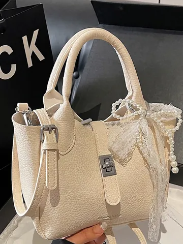 Damen Eleganz PU Leder Eimertasche Litchi Muster Künstliche Perle Spitze Schleife Dekor Schulter Umhängetasche Handtasche