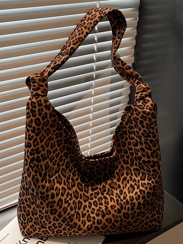Borsa Tote da Donna in Tela con Stampa Animalier Stile Coreano Grande Capacità Motivo Leopardo Zebra Tracolla con Nodo Hobo