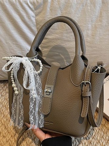 Damen Eleganz PU Leder Eimertasche Litchi Muster Künstliche Perle Spitze Schleife Dekor Schulter Umhängetasche Handtasche
