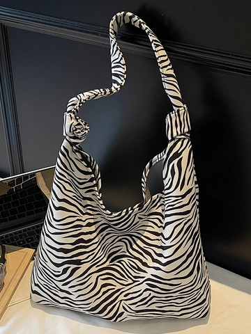 Borsa Tote da Donna in Tela con Stampa Animalier Stile Coreano Grande Capacità Motivo Leopardo Zebra Tracolla con Nodo Hobo
