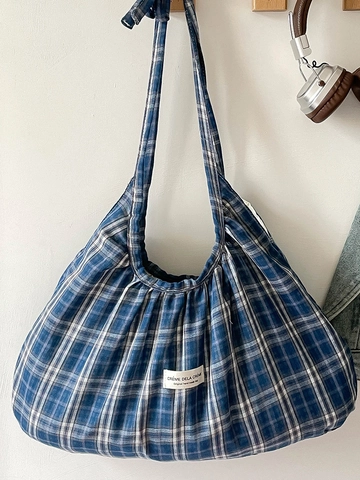 Sac Cabas Plissé à Carreaux pour Femmes Grande Capacité Sac à Épaule en Tissu Avec Nœud Style Coréen Sac à Grille Décontracté