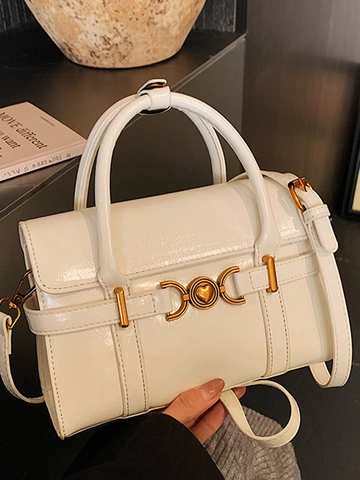Women Glossy PU Leather Crossbody Bag Retro Heart Metal Buckle Small Square Handbag With Top Handle Shoulder Strap