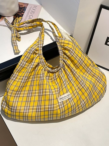 Sac Cabas Plissé à Carreaux pour Femmes Grande Capacité Sac à Épaule en Tissu Avec Nœud Style Coréen Sac à Grille Décontracté