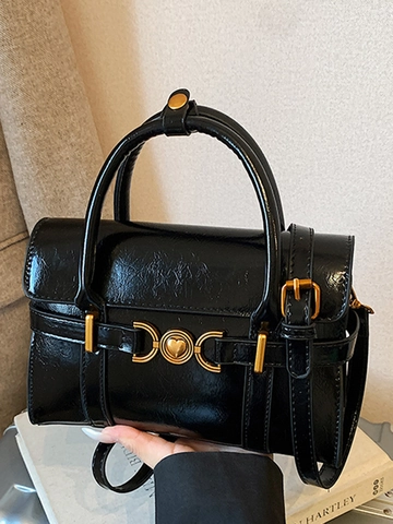 Women Glossy PU Leather Crossbody Bag Retro Heart Metal Buckle Small Square Handbag With Top Handle Shoulder Strap