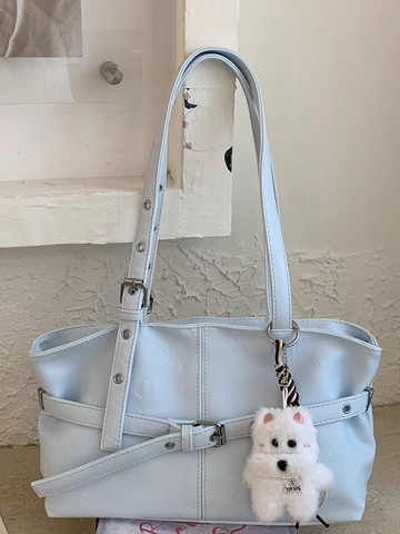 Elegante Borsa Tote da Donna Grande Capacità in Pelle PU Design con Cuciture Borsa a Spalla Versatile con Ciondolo a Forma di Cane in Peluche