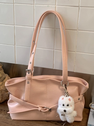 Elegante Borsa Tote da Donna Grande Capacità in Pelle PU Design con Cuciture Borsa a Spalla Versatile con Ciondolo a Forma di Cane in Peluche