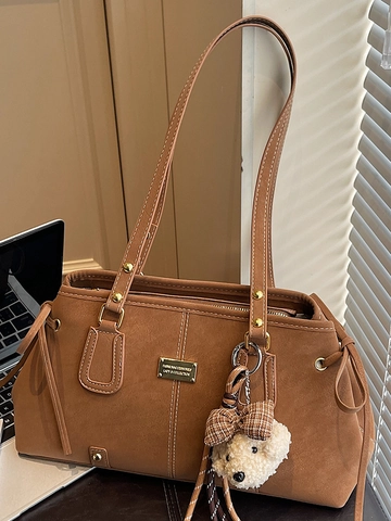 Grand Sac à Main Fourre-tout en Cuir PU pour Femmes Style Vintage avec Pendentif Ours Coutures pour Travail et Bureau