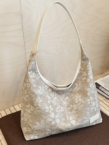 Large Capacity Floral Printed Tote Bag For Women Retro PU Leather Shoulder Bag Casual Commuter Hobo Handbag College Style