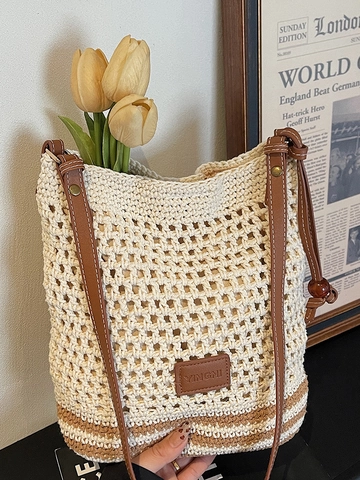 Borsa Tote in Paglia Intrecciata di Grande Capacità da Donna Borsa a Tracolla Casual con Intaglio Patchwork a Righe Borsa da Spiaggia per Vacanze con Toppa in Pelle