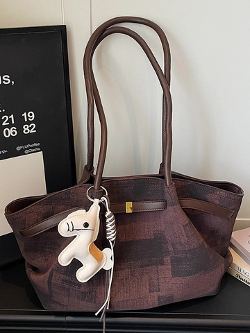 Borsa Tote in Tela ad Alta Capacità da Donna Casual Pendolare Sottobraccio Con Ciondolo a Cavallo Rimovibile Borsa a Mano Stampata a Quadri Minimalista
