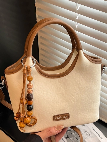 Bolso de Cubo de Cuero PU Vintage para Mujer Gran Capacidad Minimalista Bolso de Hombro Cruzado Con Colgante de Madera Oficina