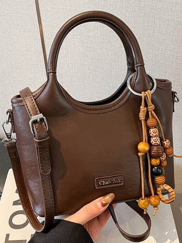 Bolso de Cubo de Cuero PU Vintage para Mujer Gran Capacidad Minimalista Bolso de Hombro Cruzado Con Colgante de Madera Oficina