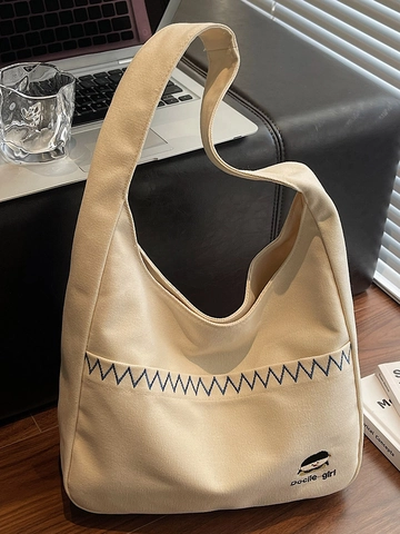 Large Capacity Canvas Shoulder Bag Minimalist Korean Style Embroidered Cartoon Girl Hobo Bucket Bag For Women Daily Use