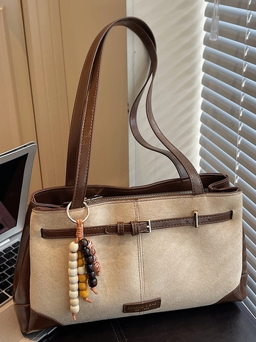 Retro Damen Wildleder PU Patchwork Tote Bag Große Kapazität Minimalistisch Einfarbig Umhängetasche Mit Perlenanhänger Handtasche