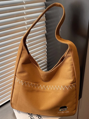 Large Capacity Canvas Shoulder Bag Minimalist Korean Style Embroidered Cartoon Girl Hobo Bucket Bag For Women Daily Use