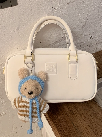 Sac à Main Boston en Cuir PU Minimaliste pour Femmes Style Coréen Simple Navettage Sac à Épaule Bandoulière Avec Charmant Ours