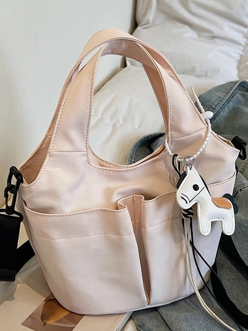 Urban Minimalist Women Canvas Bucket Bag Solid Color Handheld Crossbody Shoulder Bag With Animal Charm Lightweight Multi Pocket Purse