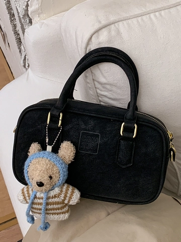 Sac à Main Boston en Cuir PU Minimaliste pour Femmes Style Coréen Simple Navettage Sac à Épaule Bandoulière Avec Charmant Ours