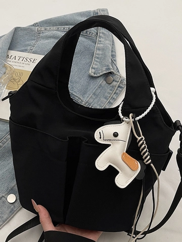 Urban Minimalist Women Canvas Bucket Bag Solid Color Handheld Crossbody Shoulder Bag With Animal Charm Lightweight Multi Pocket Purse