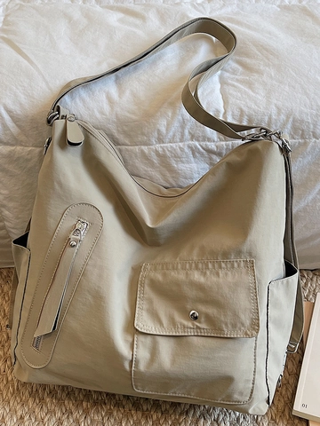 Large Capacity Canvas Tote Bag For Women Minimalist Utility Crossbody Bag Multi Pockets Urban Casual Daily Commuting Shoulder Bag
