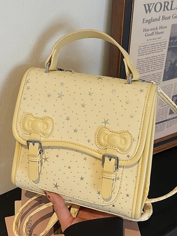 Borsa a Spalla Donna Con Fiocco Motivo a Stelle Zaino in Tela Semplice Borsa a Mano Versatile Borsa Quadrata Stile Collegiale