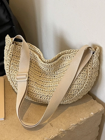 Women Woven Straw Shoulder Bag Crescent Dumpling Hobo Bag Summer Beach Vacation Crossbody Bag With Adjustable Wide Strap