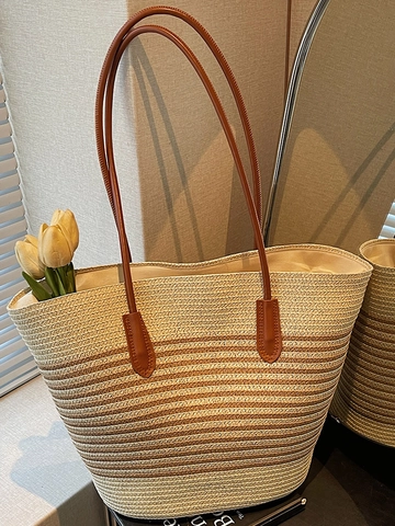 Bolso Tote de Paja a Rayas de Gran Capacidad para Mujer Bolso de Hombro para Vacaciones en la Playa Tejido a Mano con Cremallera