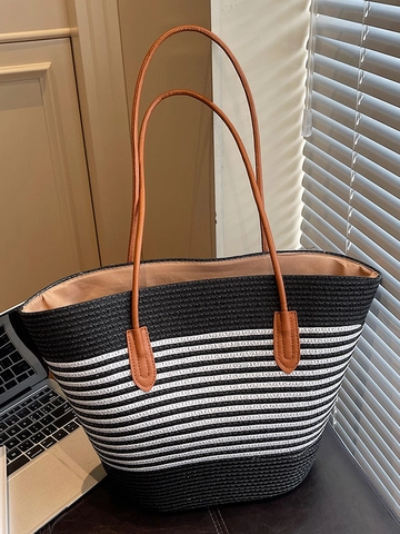 Bolso Tote de Paja a Rayas de Gran Capacidad para Mujer Bolso de Hombro para Vacaciones en la Playa Tejido a Mano con Cremallera