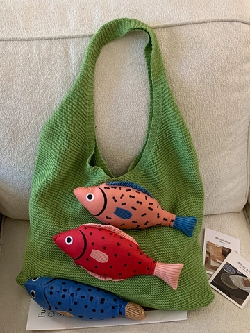 Dames Gebreide Tote Tas Met Stereo Pluche Vis Decor Grote Capaciteit Gebreide Handtas Casual Koreaanse Stijl Schoudertas