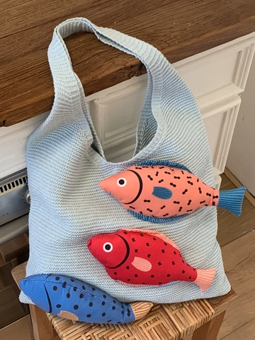Dames Gebreide Tote Tas Met Stereo Pluche Vis Decor Grote Capaciteit Gebreide Handtas Casual Koreaanse Stijl Schoudertas