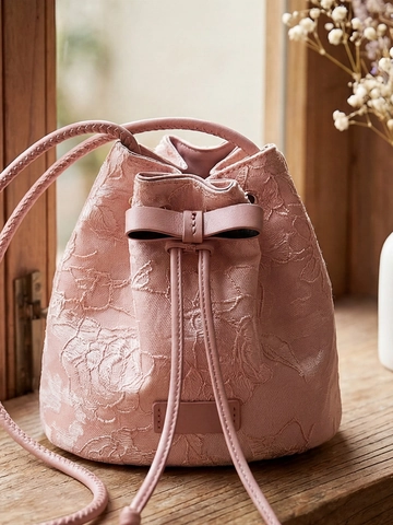 Women Neo-Chinese Jacquard Embroidery Bucket Bag Elegant Bow Drawstring Shoulder Crossbody Bag Elegant Floral Handbag