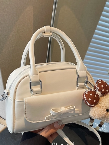 Damen Schleife Dekor Bowling Handtasche Mode PU Leder Umhängetasche Mit Plüschbär Anhänger Minimalistische Top Griff Satchel Tasche