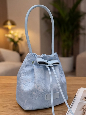 Women Neo-Chinese Jacquard Embroidery Bucket Bag Elegant Bow Drawstring Shoulder Crossbody Bag Elegant Floral Handbag