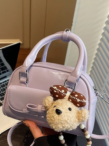 Damen Schleife Dekor Bowling Handtasche Mode PU Leder Umhängetasche Mit Plüschbär Anhänger Minimalistische Top Griff Satchel Tasche