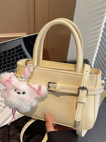 Borsa a Tracolla da Donna in Pelle PU Vintage Urbana Semplice Piccola Borsa Quadrata Con Ciondolo Animale Peluche Fibbia Decorativa