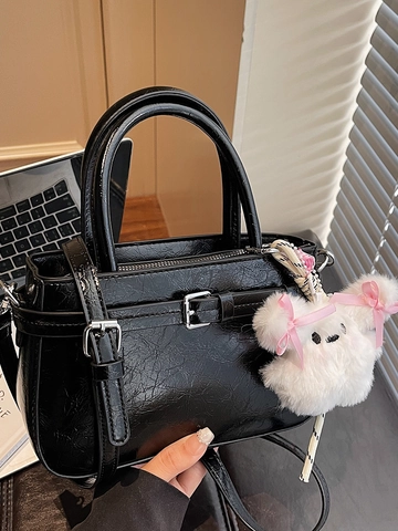 Borsa a Tracolla da Donna in Pelle PU Vintage Urbana Semplice Piccola Borsa Quadrata Con Ciondolo Animale Peluche Fibbia Decorativa