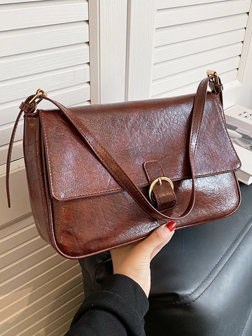 Bolso de Hombro de Cuero PU Vintage para Mujer Gran Capacidad Color Sólido Bolso Mensajero Con Hebilla Redonda Dorada Correa Ajustable Retro