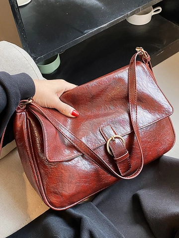 Bolso de Hombro de Cuero PU Vintage para Mujer Gran Capacidad Color Sólido Bolso Mensajero Con Hebilla Redonda Dorada Correa Ajustable Retro