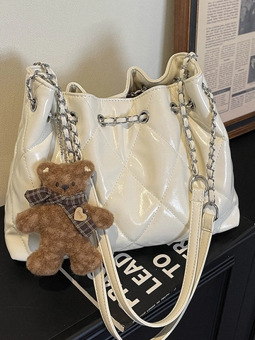Petit Sac à Épaule Matelassé Losanges Rétro Femmes Sac Seau Coulisse Grande Capacité Chaîne Métal Similicuir Sac Sous l'Aisselle