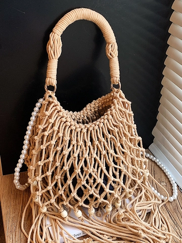 Borsa a Tracolla in Corda di Cotone Tessuta a Mano Bohemian Con Nappine Perline di Legno Catena di Perle Artificiali Donna