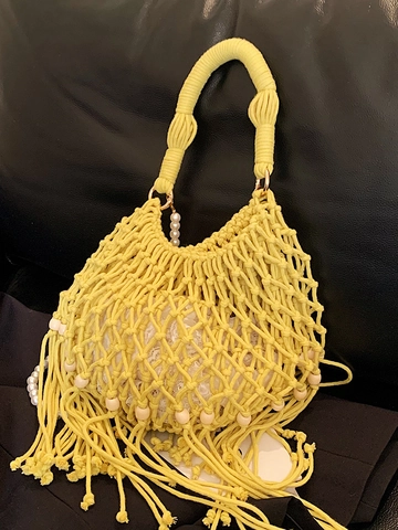 Borsa a Tracolla in Corda di Cotone Tessuta a Mano Bohemian Con Nappine Perline di Legno Catena di Perle Artificiali Donna