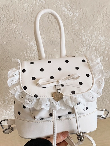 Linda Mini Mochila de Lunares con Encaje para Mujer Dulce Lolita de Cuero PU Pequeña Mochila con Lazo Colgante de Corazón