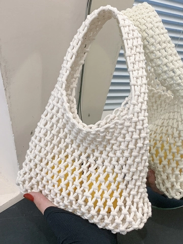 Women's Hollow Woven Handbag Nylon Mesh Tote Bag Fashion Candy Color Summer Beach Bucket Bag Lightweight Hand-Woven Bag