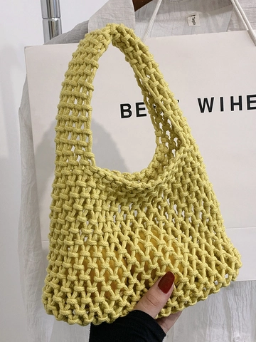 Women's Hollow Woven Handbag Nylon Mesh Tote Bag Fashion Candy Color Summer Beach Bucket Bag Lightweight Hand-Woven Bag