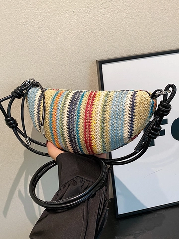 Women Bohemian Multi-color Striped Straw Woven Shoulder Bag Summer Vacation Half Moon Dumpling Crossbody Bag With Zipper Closure