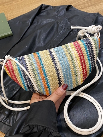 Women Bohemian Multi-color Striped Straw Woven Shoulder Bag Summer Vacation Half Moon Dumpling Crossbody Bag With Zipper Closure