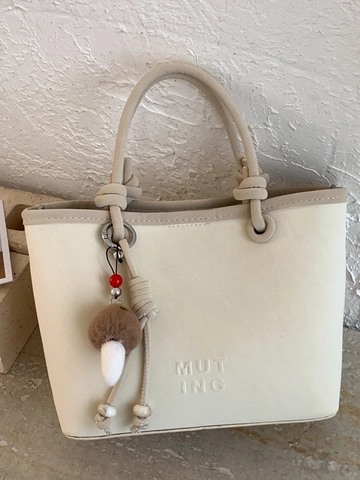 Vintage Women PU Leather Handbag Knot Handle Square Crossbody Bag Solid Color Commute Shoulder Bag With Mushroom Charm