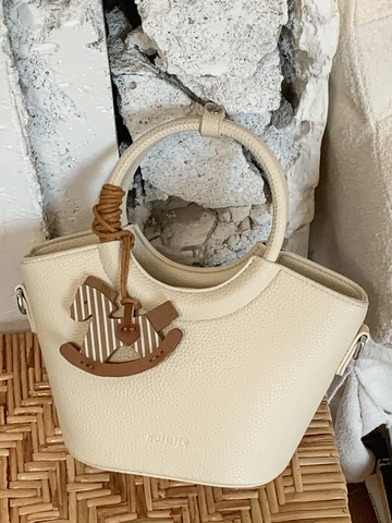 Borsa a Secchiello Vintage in Pelle PU da Donna Trama Litchi Borsa a Mano Con Tracolla Rimovibile e Ciondolo a Cavallo