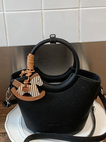 Borsa a Secchiello Vintage in Pelle PU da Donna Trama Litchi Borsa a Mano Con Tracolla Rimovibile e Ciondolo a Cavallo