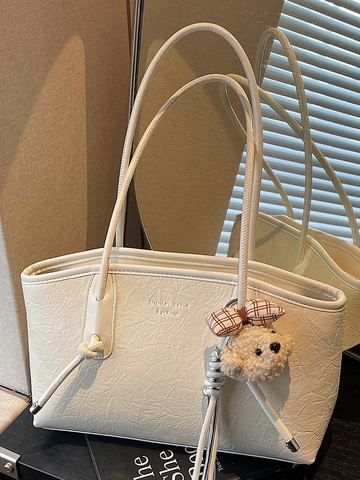 Borsa Tote in Pelle PU Vintage di Grande Capacità per Donna Borsa a Tracolla Singola a Pieghe Alla Moda Con Ciondolo a Orso